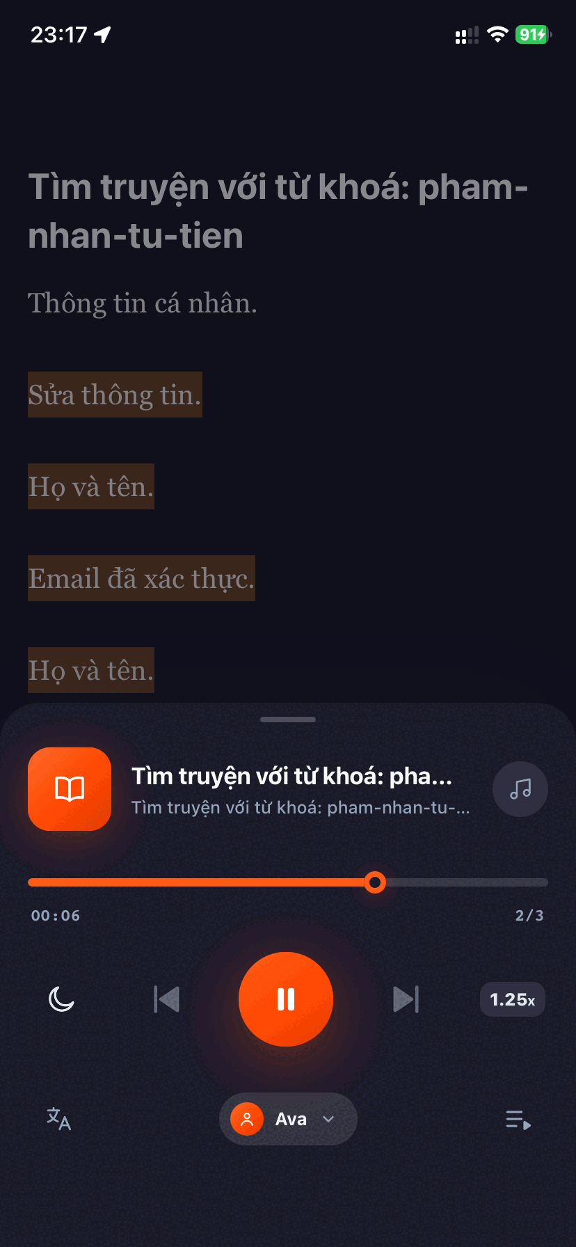Full audio player with speed controls and AI voice options on iPhone