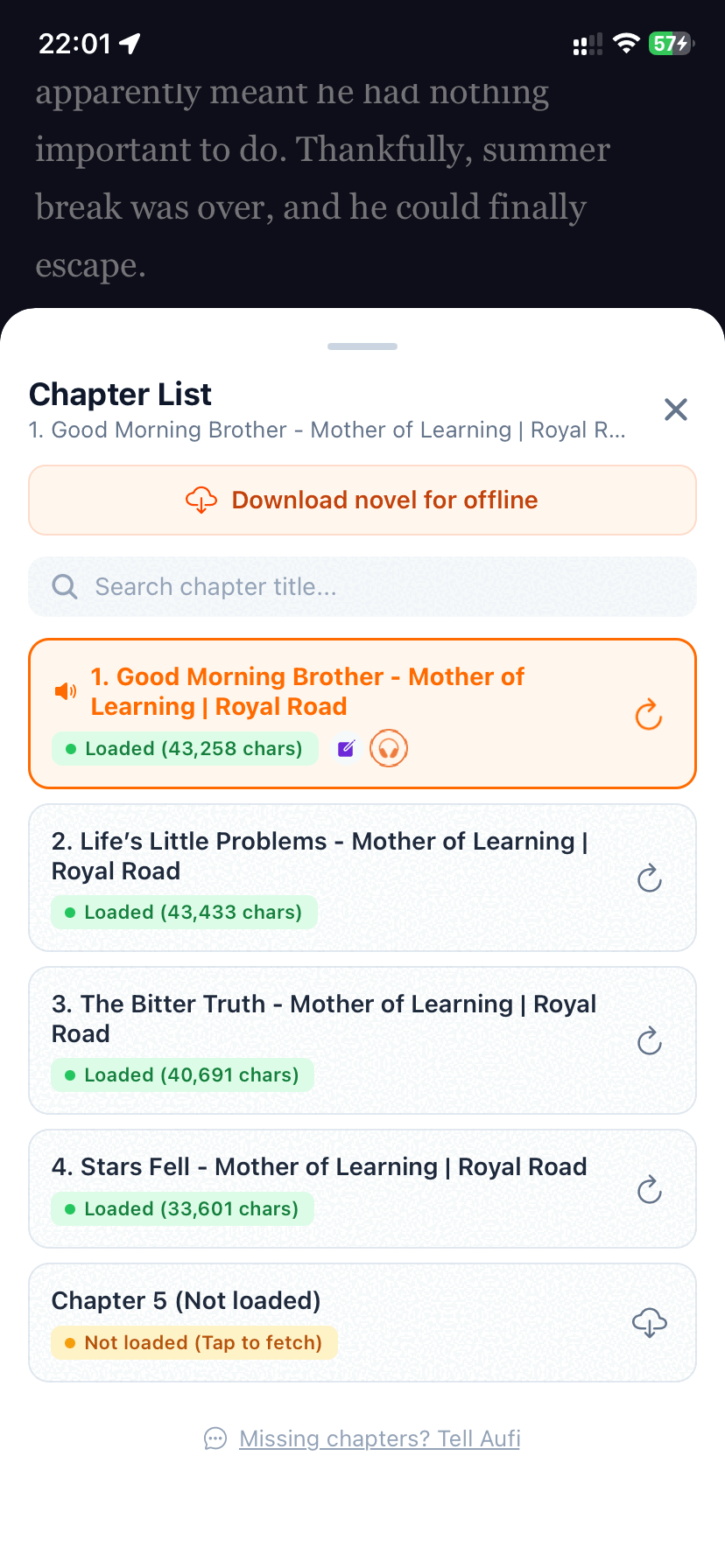 Royal Road chapter list and table of contents in Aufi on iPhone