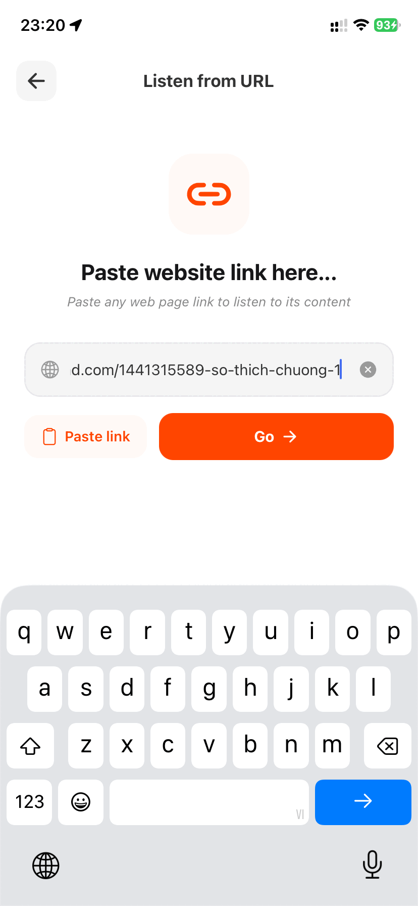 Pasting a specific Wattpad chapter URL into Aufi on iPhone