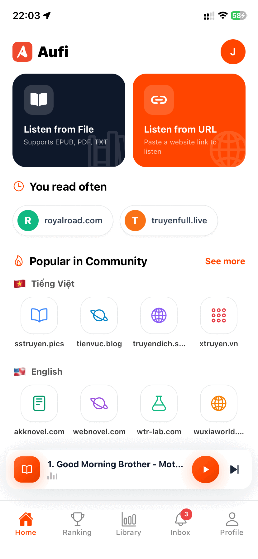 Aufi home screen showing Listen from File and URL options on iPhone