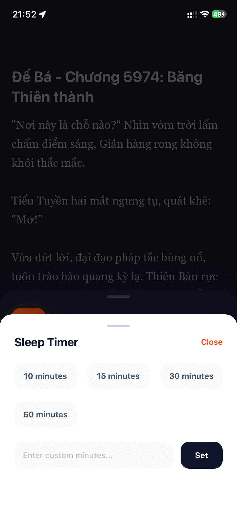 Native Sleep Timer settings in Aufi on iPhone