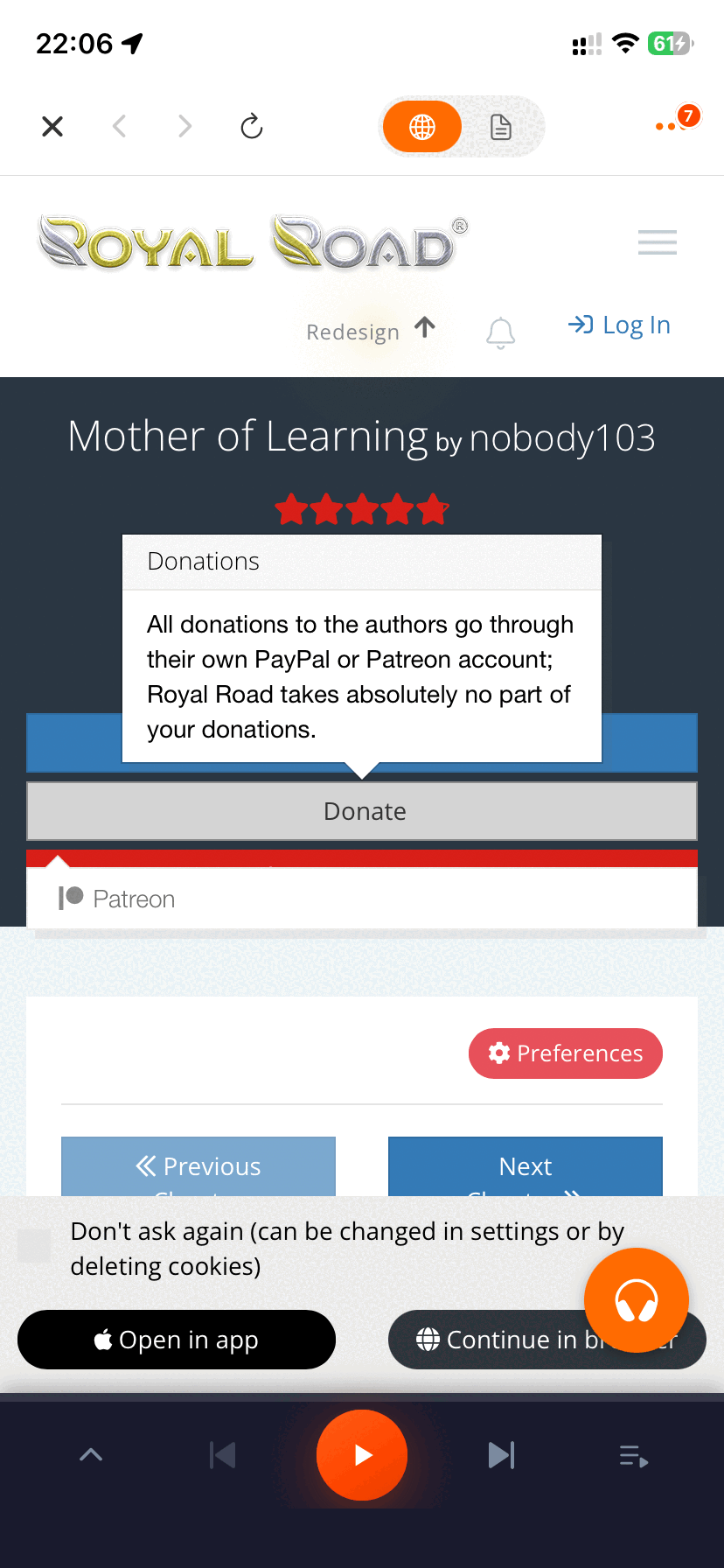 Floating listen button to extract webnovel chapters to audio on iPhone