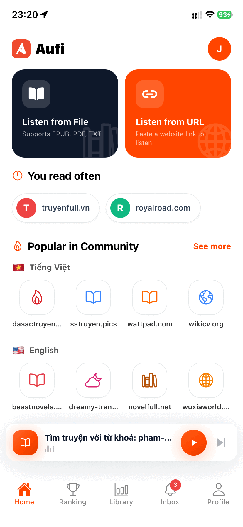 Màn hình chính Aufi trên iPhone tích hợp sẵn liên kết truy cập Wattpad nhanh chóng